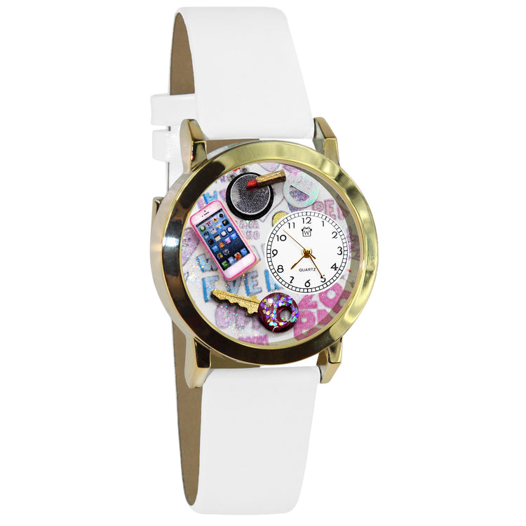 Whimsical Gifts | Teen Girl 3D Watch Small Style | Handmade in USA | Youth Themed | | Novelty Unique Fun Miniatures Gift | Gold Finish White Leather Watch Band