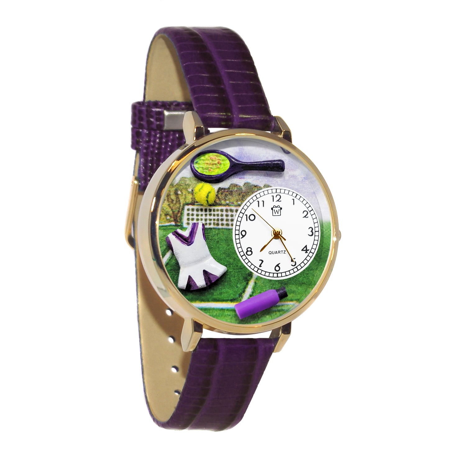 Whimsical Gifts | Tennis 3D Watch Large Style | Handmade in USA | Hobbies & Special Interests | Sports | Novelty Unique Fun Miniatures Gift | Gold Finish Purple Leather Watch Band