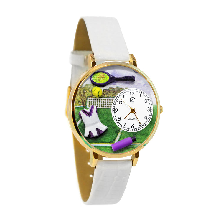 Whimsical Gifts | Tennis 3D Watch Large Style | Handmade in USA | Hobbies & Special Interests | Sports | Novelty Unique Fun Miniatures Gift | Gold Finish White Leather Watch Band