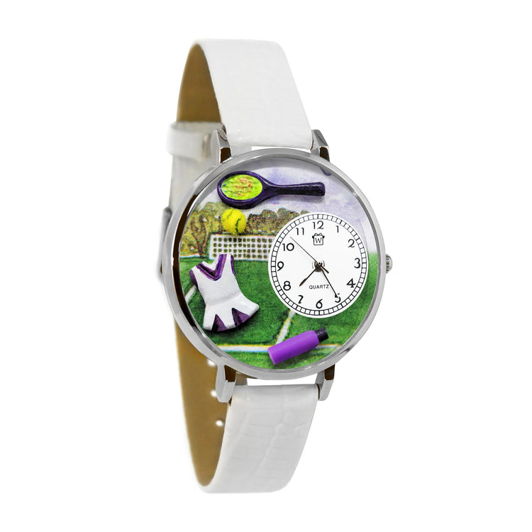 Whimsical Gifts | Tennis 3D Watch Large Style | Handmade in USA | Hobbies & Special Interests | Sports | Novelty Unique Fun Miniatures Gift | Silver Finish White Leather Watch Band