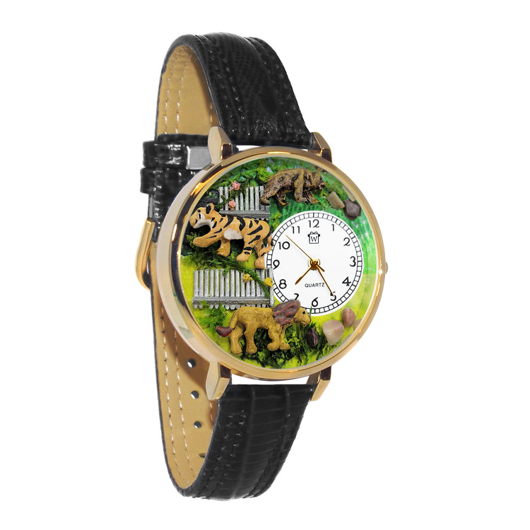 Whimsical Gifts | Zookeeper | Zoo Animals 3D Watch Large Style | Handmade in USA | Professions Themed | Pet & Animal Professions | Novelty Unique Fun Miniatures Gift | Gold Finish Black Leather Watch Band