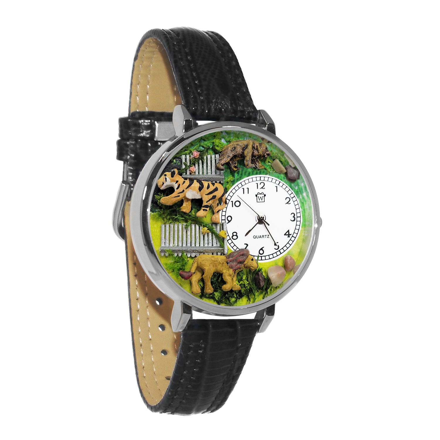 Whimsical Gifts | Zookeeper | Zoo Animals 3D Watch Large Style | Handmade in USA | Professions Themed | Pet & Animal Professions | Novelty Unique Fun Miniatures Gift | Silver Finish BlackLeather Watch Band