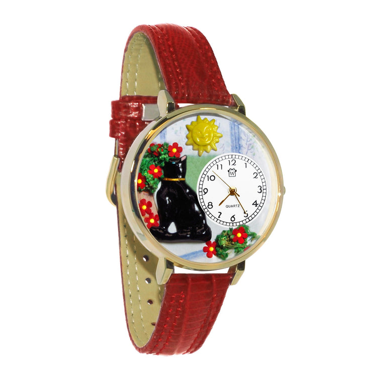 Whimsical Gifts | Basking Cat 3D Watch Large Style | Handmade in USA | Animal Lover | Cat Lover | Novelty Unique Fun Miniatures Gift | Gold Finish Red Leather Watch Band