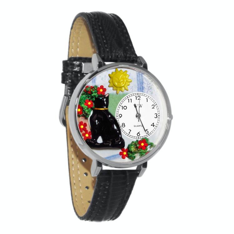 Whimsical Gifts | Basking Cat 3D Watch Large Style | Handmade in USA | Animal Lover | Cat Lover | Novelty Unique Fun Miniatures Gift | Silver Finish Black Leather Watch Band