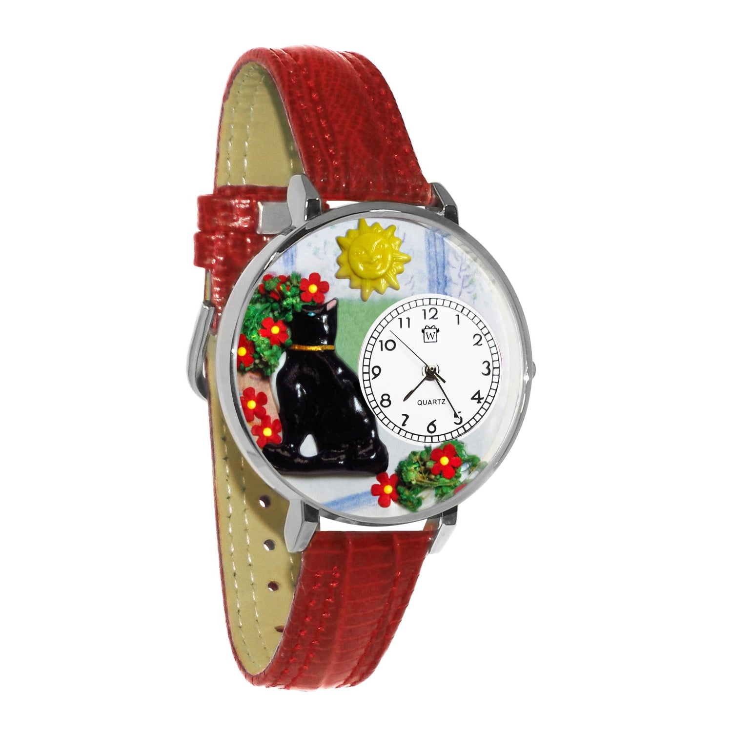 Whimsical Gifts | Basking Cat 3D Watch Large Style | Handmade in USA | Animal Lover | Cat Lover | Novelty Unique Fun Miniatures Gift | Silver Finish Red Leather Watch Band