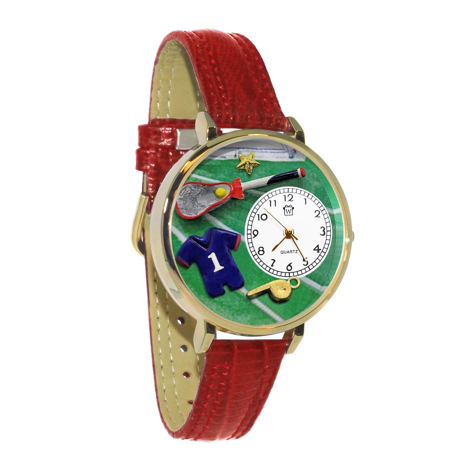 Whimsical Gifts | Lacrosse 3D Watch Large Style | Handmade in USA | Hobbies & Special Interests | Sports | Novelty Unique Fun Miniatures Gift | Gold Finish Shorts Red eather Watch Band