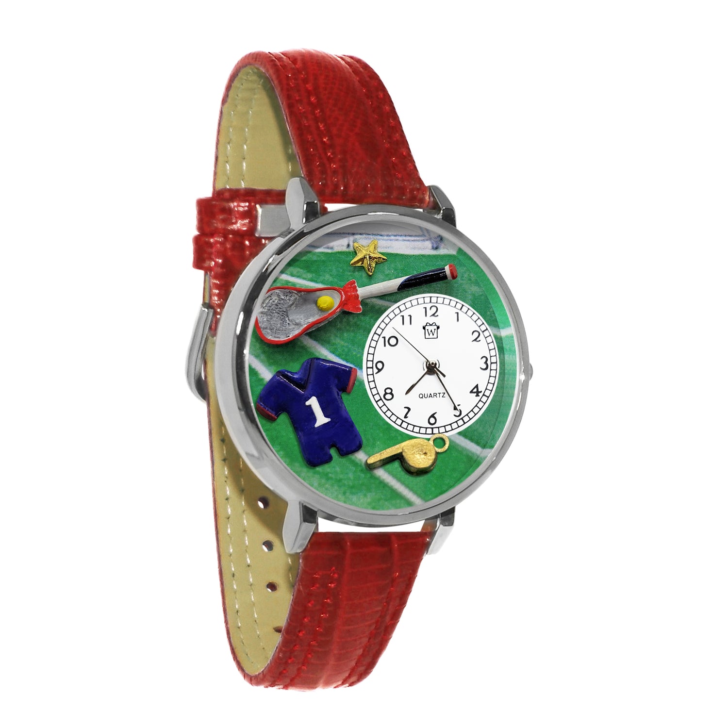 Whimsical Gifts | Lacrosse 3D Watch Large Style | Handmade in USA | Hobbies & Special Interests | Sports | Novelty Unique Fun Miniatures Gift | Silver Finish Shorts Red eather Watch Band