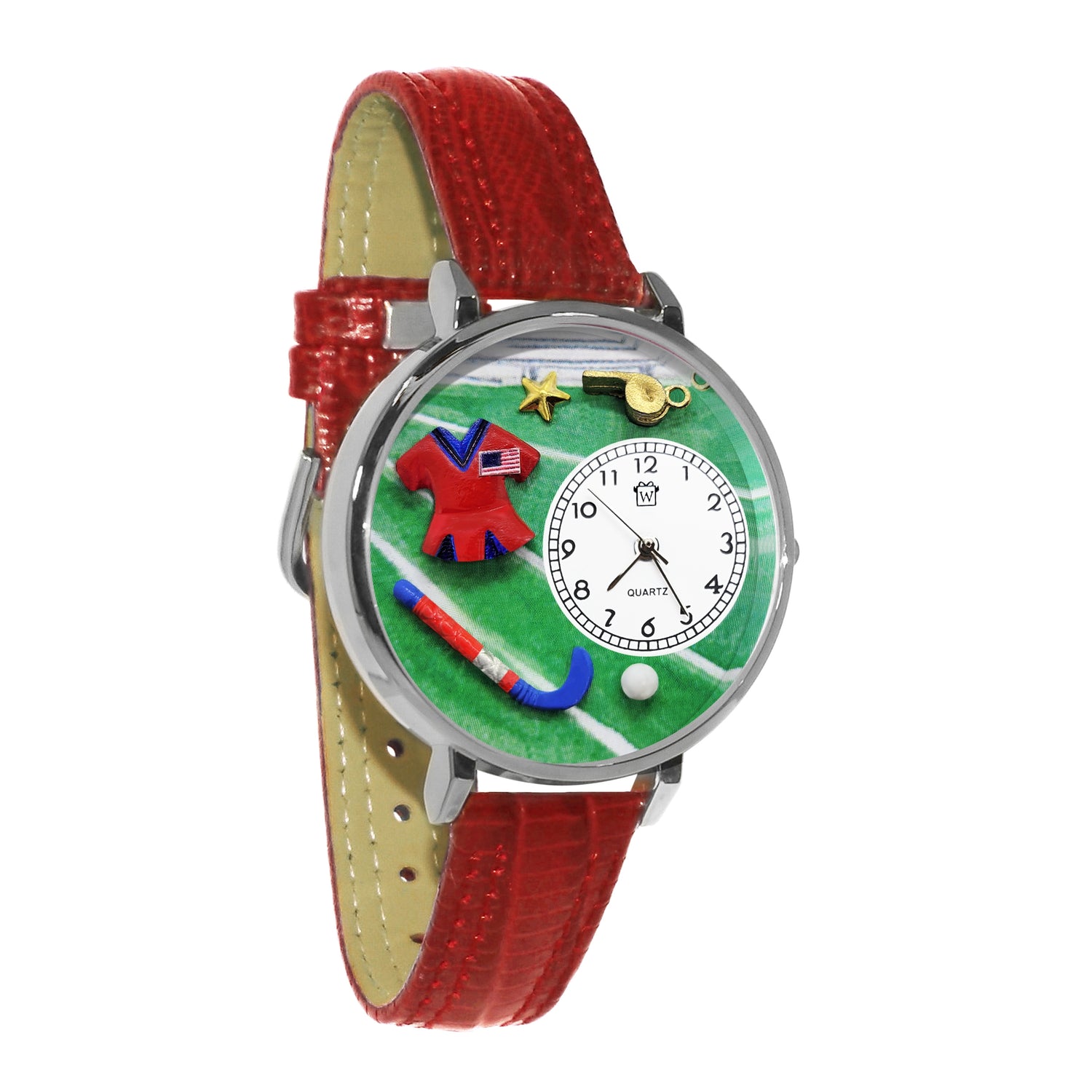Whimsical Gifts | Field Hockey 3D Watch Large Style | Handmade in USA | Hobbies & Special Interests | Sports | Novelty Unique Fun Miniatures Gift | Silver Finish Red Leather Watch Band