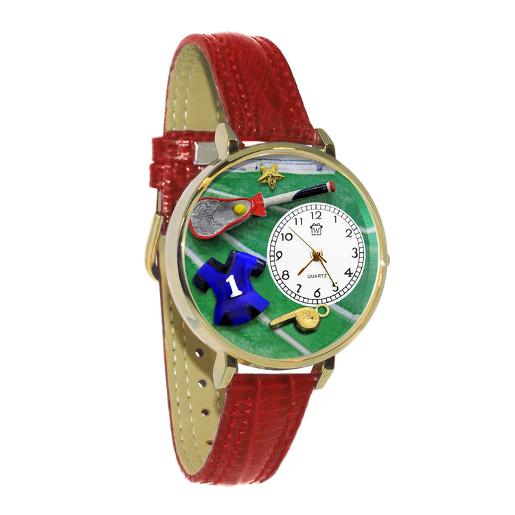 Whimsical Gifts | Lacrosse 3D Watch Large Style | Handmade in USA | Hobbies & Special Interests | Sports | Novelty Unique Fun Miniatures Gift | Gold Finish Skirt Red Leather Watch Band