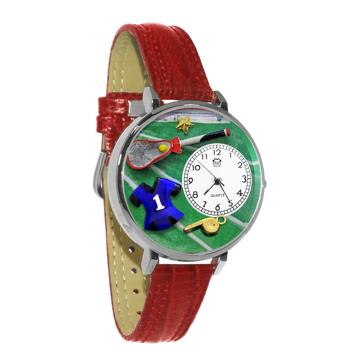 Whimsical Gifts | Lacrosse 3D Watch Large Style | Handmade in USA | Hobbies & Special Interests | Sports | Novelty Unique Fun Miniatures Gift | Silver Finish Skirt Red Leather Watch Band
