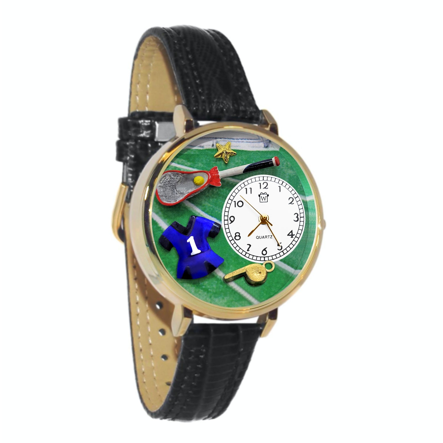 Whimsical Gifts | Lacrosse 3D Watch Large Style | Handmade in USA | Hobbies & Special Interests | Sports | Novelty Unique Fun Miniatures Gift | Gold Finish Skirt Black Leather Watch Band