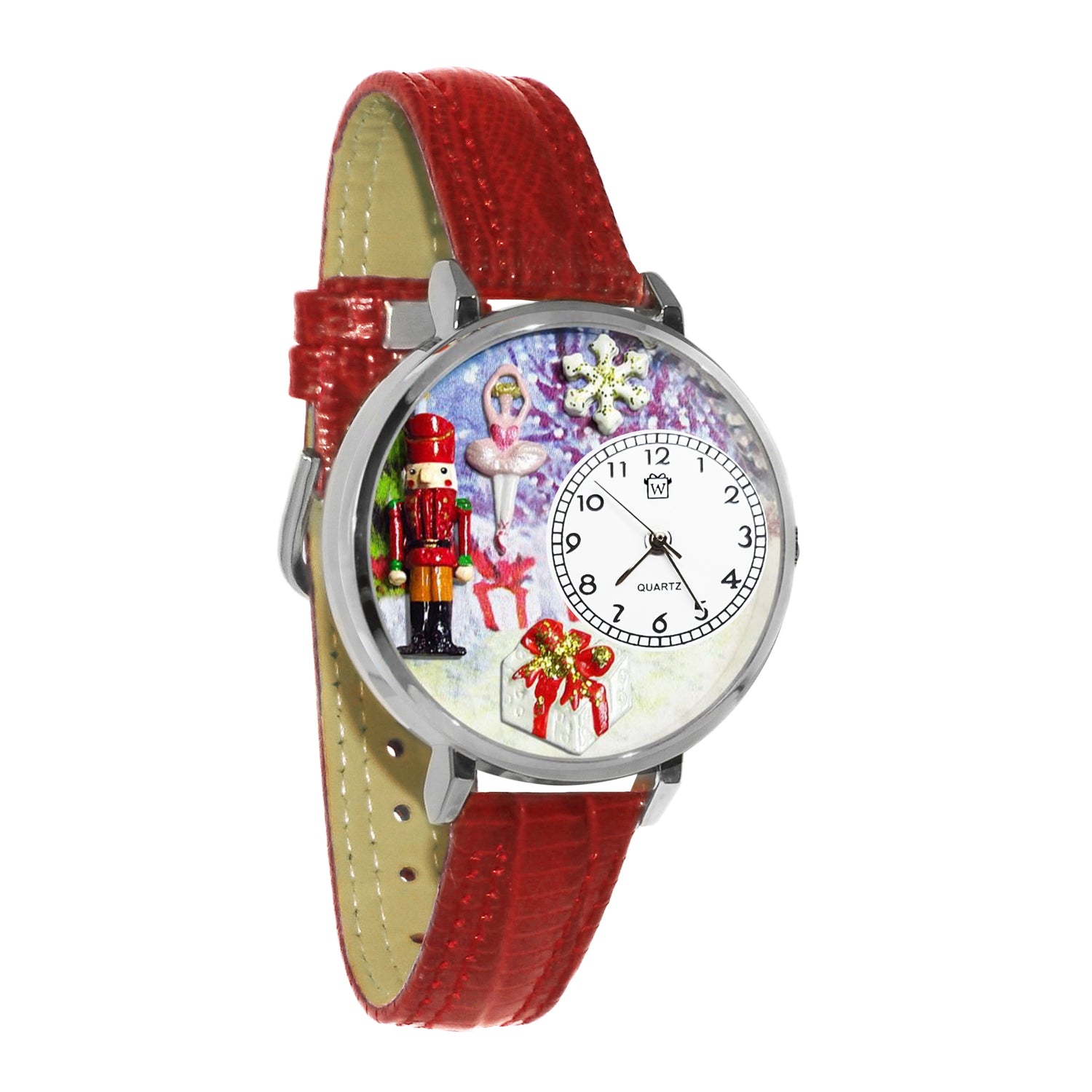 Whimsical Gifts | Nutcracker 3D Watch Large Style | Handmade in USA | Holiday & Seasonal Themed | Christmas | Novelty Unique Fun Miniatures Gift | Silver Finish Red Leather Watch Band