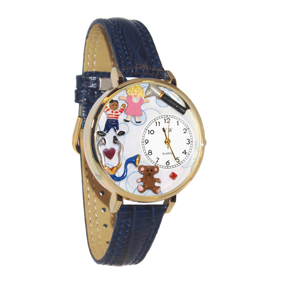 Whimsical Gifts | Pediatrician 3D Watch Large Style | Handmade in USA | Professions Themed | Medical Professions | Novelty Unique Fun Miniatures Gift | Gold Finish Navy Blue Leather Watch Band