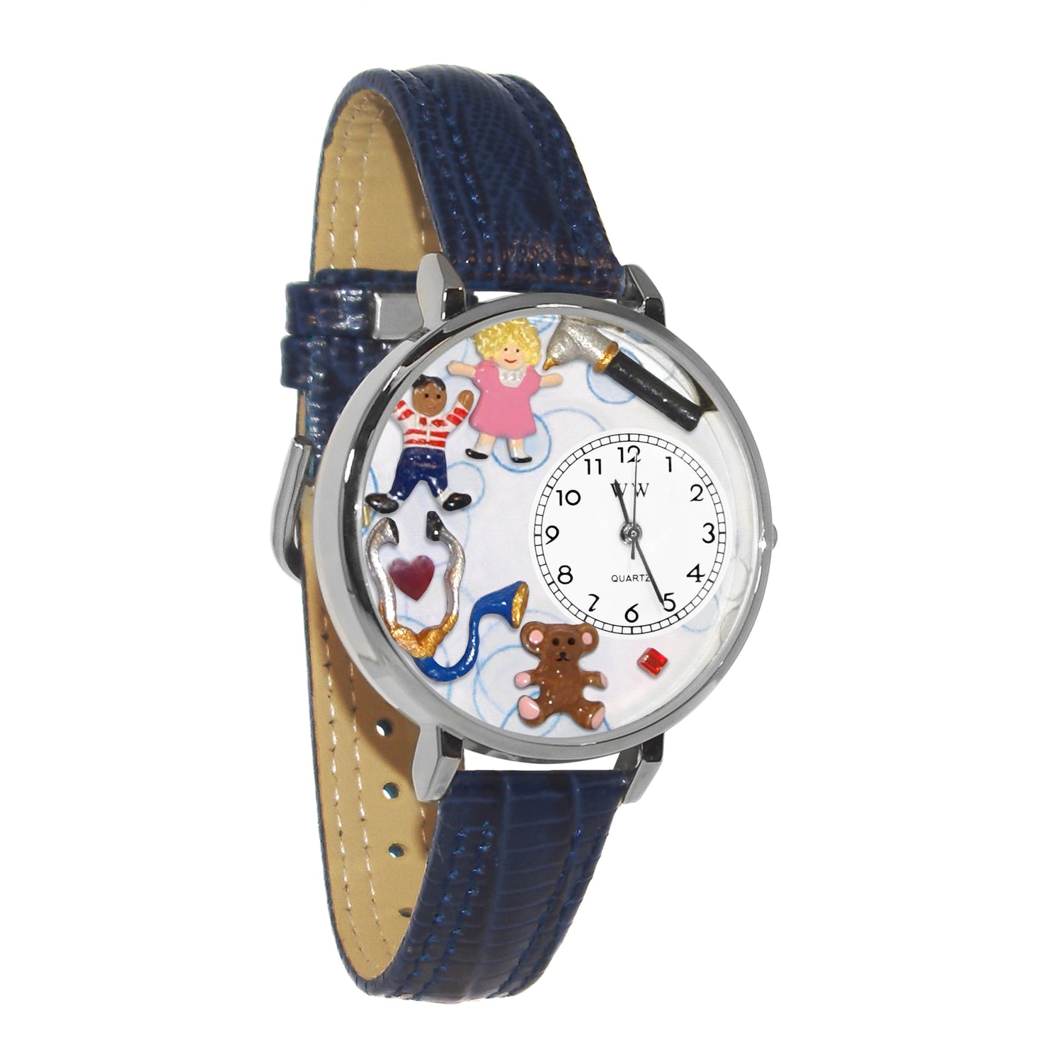 Whimsical Gifts | Pediatrician 3D Watch Large Style | Handmade in USA | Professions Themed | Medical Professions | Novelty Unique Fun Miniatures Gift | Silver Finish Navy Blue Leather Watch Band