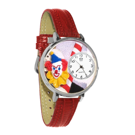 Whimsical Gifts | Penny Clown 3D Watch Large Style | Handmade in USA | Youth Themed |  | Novelty Unique Fun Miniatures Gift | Silver Finish Red Leather Watch Band