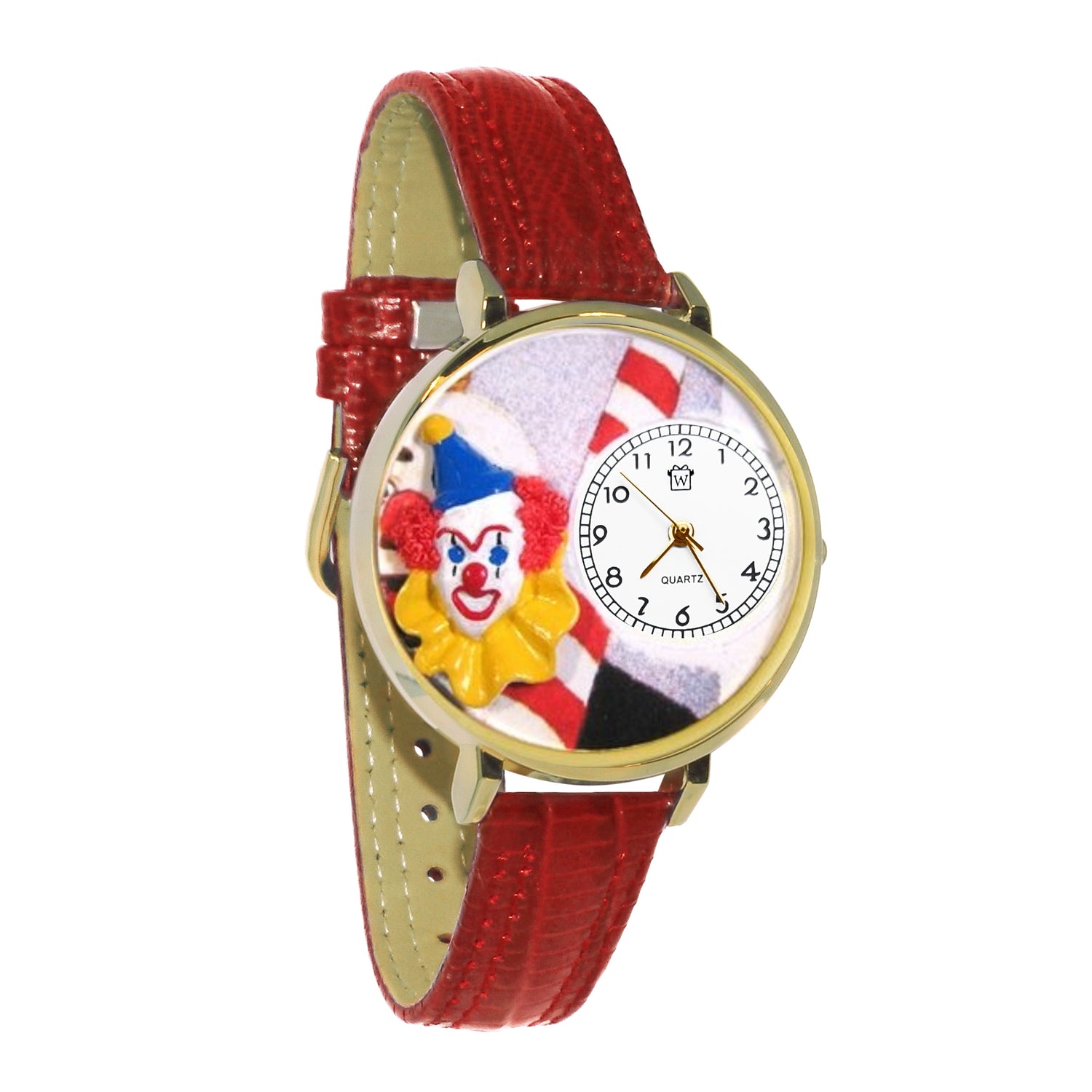 Whimsical Gifts | Penny Clown 3D Watch Large Style | Handmade in USA | Youth Themed |  | Novelty Unique Fun Miniatures Gift | Gold Finish Red Leather Watch Band