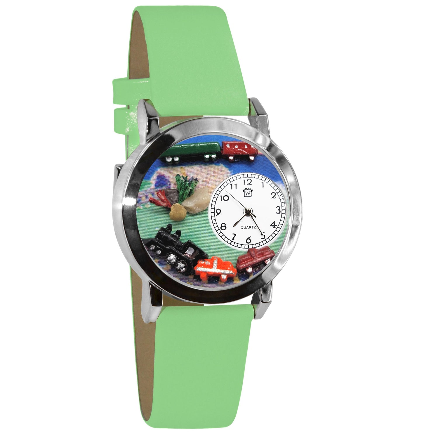 Whimsical Gifts | Trains 3D Watch Small Style | Handmade in USA | Youth Themed |  | Novelty Unique Fun Miniatures Gift | Silver Finish Green Leather Watch Band