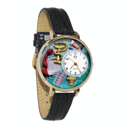 Whimsical Gifts | Pharmacist 3D Watch Large Style | Handmade in USA | Professions Themed | Medical Professions | Novelty Unique Fun Miniatures Gift | Gold Finish Black Leather Watch Band