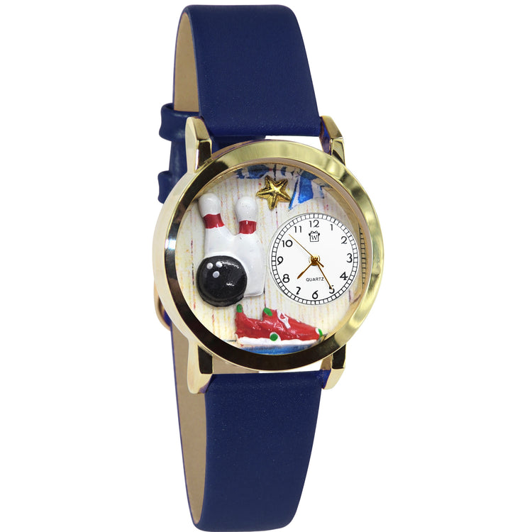 Whimsical Gifts | Bowling 3D Watch Small Style | Handmade in USA | Hobbies & Special Interests | Sports | Novelty Unique Fun Miniatures Gift | Gold Finish Blue Leather Watch Band