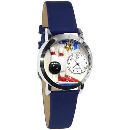 Whimsical Gifts | Bowling 3D Watch Small Style | Handmade in USA | Hobbies & Special Interests | Sports | Novelty Unique Fun Miniatures Gift | Silver Finish Blue Leather Watch Band