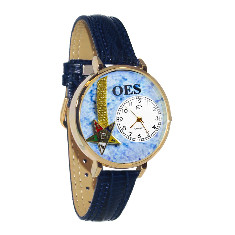 Whimsical Gifts | Order of the Eastern Star 3D Watch Large Style | Handmade in USA | Hobbies & Special Interests | Order of the Eastern Star | Novelty Unique Fun Miniatures Gift | Gold Finish Navy Leather Watch Band